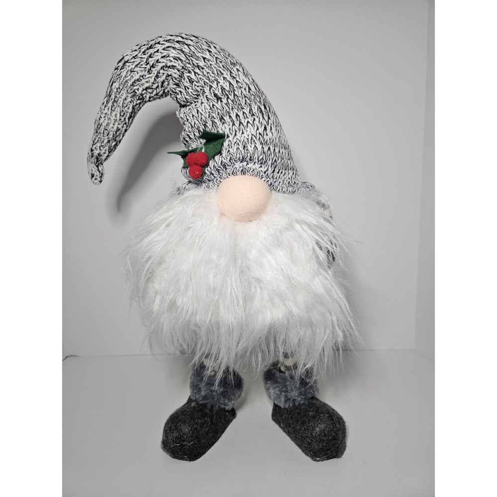 Hobby Lobby Christmas Gnome Figurine Standing Bobble Spring Grey Knit Hat 17.5"